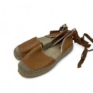 Free People Lace-Up Leather Espadrille Flats Tan Platform Shoes Size 38